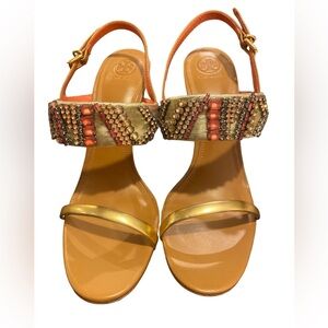 Brand NEW Tory Burch sz 11 Rhinestone sandal strawberry pink/royal tan 41736